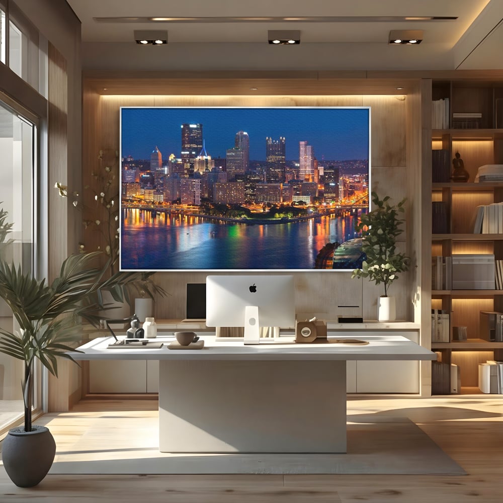 Tablou canvas cu tablou canvas cu peisaj nocturn urban, in rama de aluminiu argintiu, pe perete intr-un birou